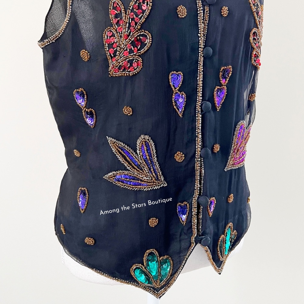 Rare 90s Vintage Embellished Sequin & Beaded Silk Vest ASO Phoebe in Friends - Picture 12 of 14